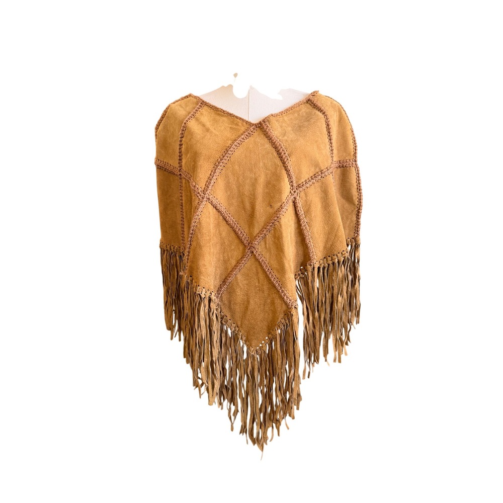 Wilsons Leather Maxima Suede Fringe Poncho Crochet Patchwork Tan L/XL